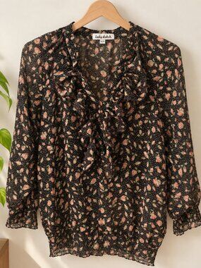 Lady Dutch Black Floral Ruffle Sheer Blouse